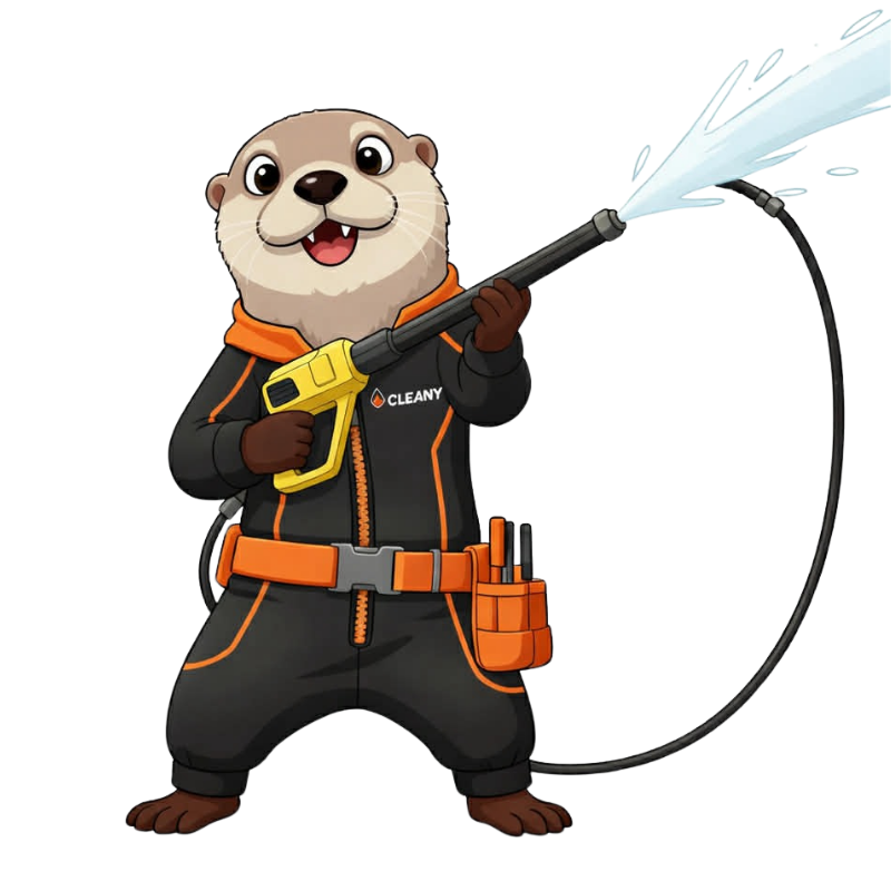 CLEANY公式キャラクターが高圧洗浄機で水を噴射しているイラスト